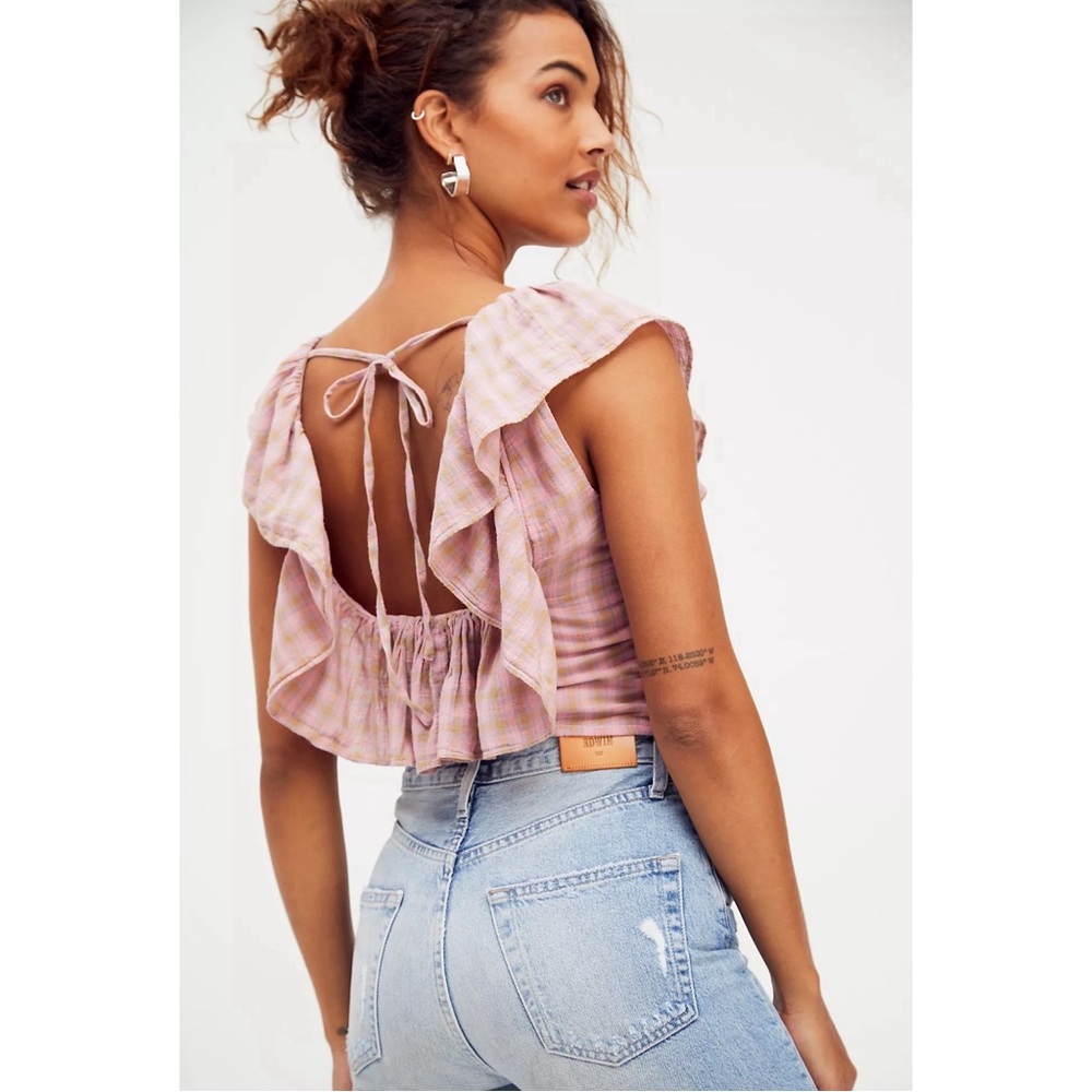 Free People Gone Rogue Ruffle Pink Plaid Tie-Back Top NWT SZ XL and L